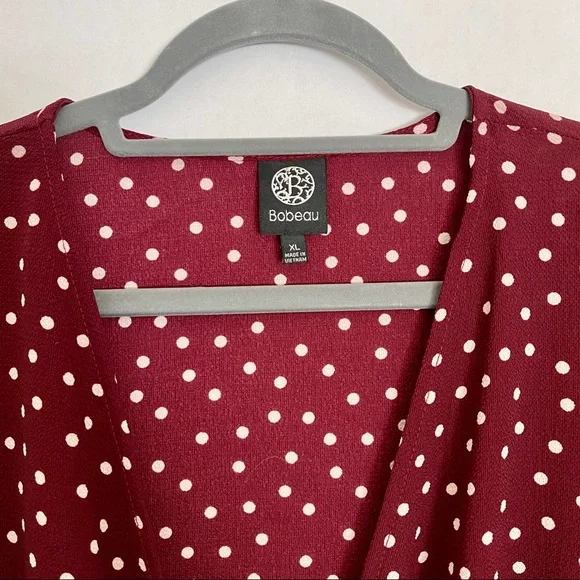Bobeau Side Button Wrap Blouse Burgundy/Ivory Dot - Picture 5 of 14